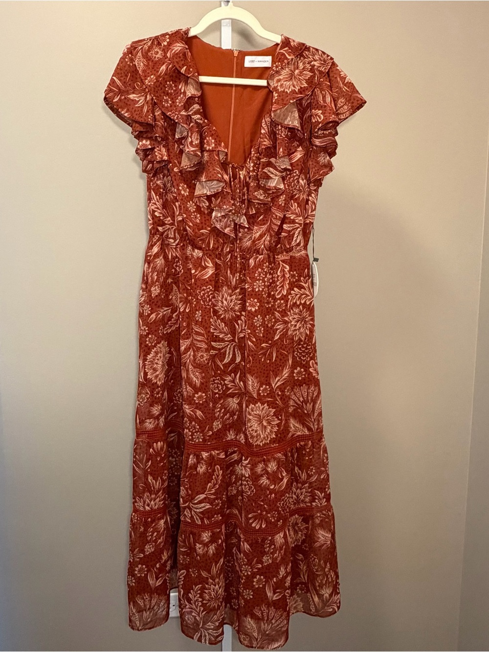 Lost + Wander Florencia Rust Floral Ruffled Midi Dress